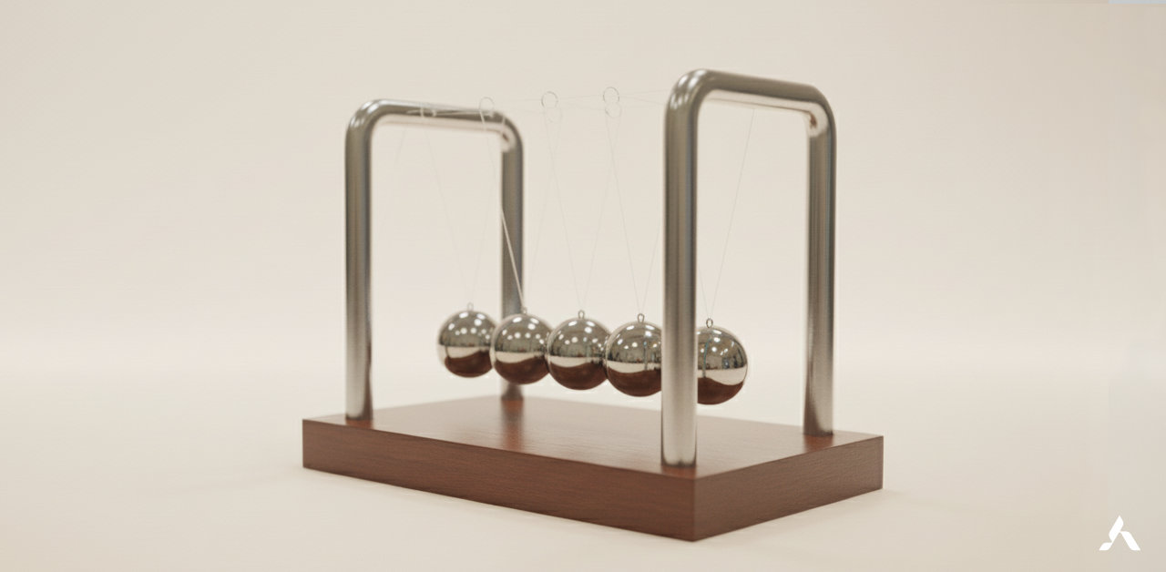 Newton's cradle illustrating the handoff from interpretation to automation